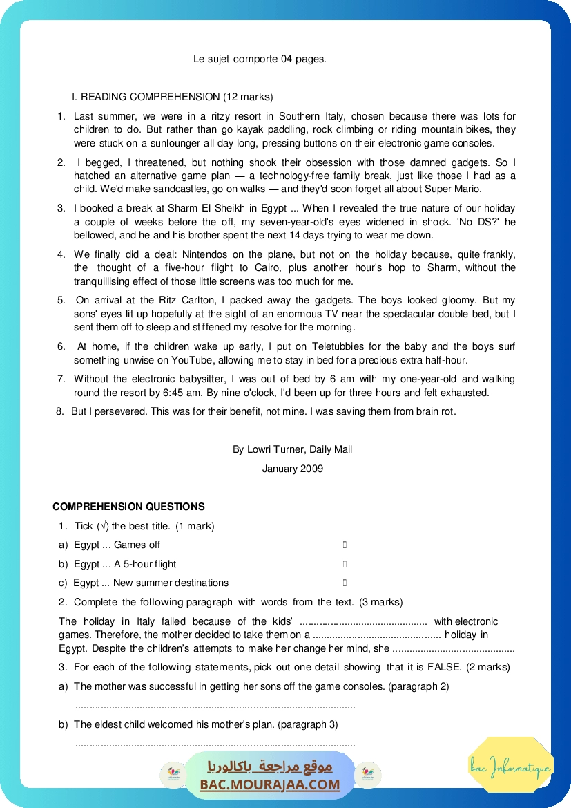 Sujet controle anglais Bac 2014 – Section info